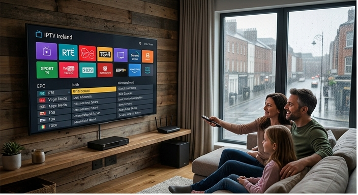 Family watching the best IPTV in Ireland on a Smart TV